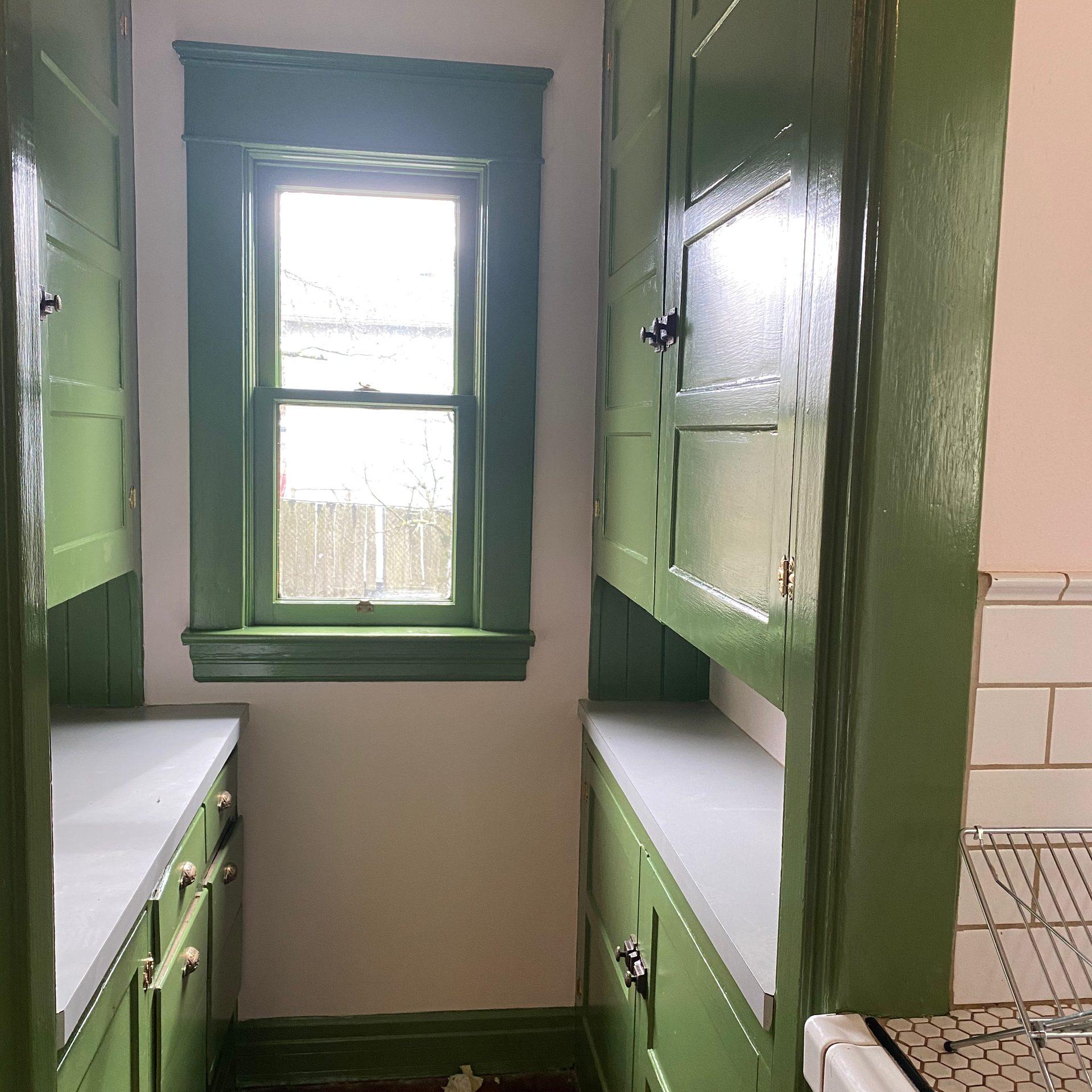 Forest green kitchen cabinet refinish